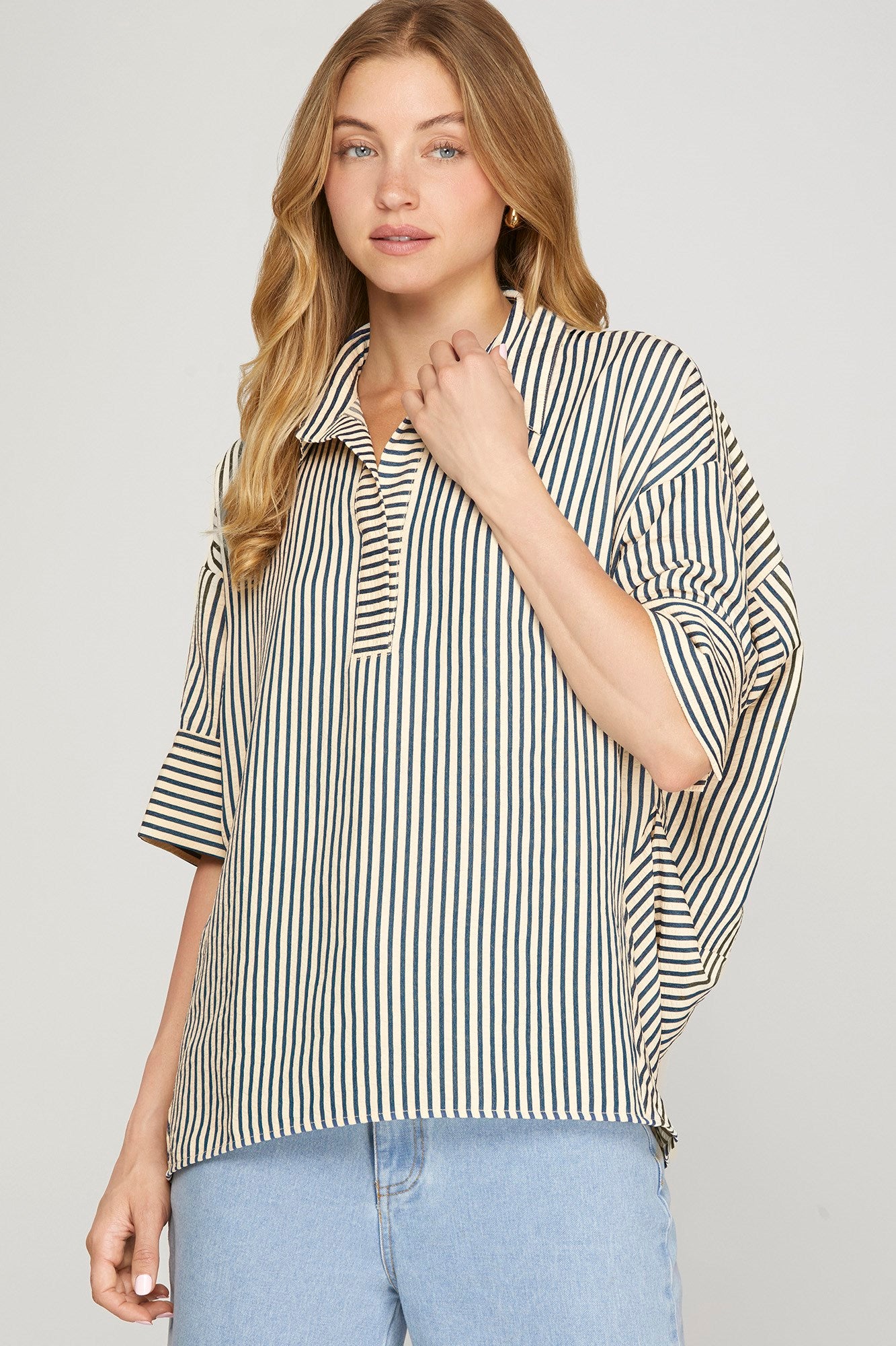 Navy Striped Short Sleeve Top