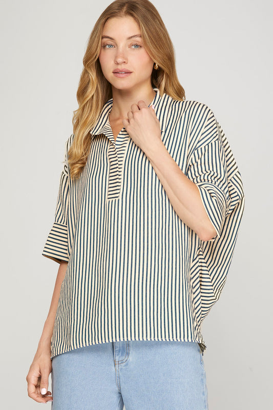 Navy Striped Short Sleeve Top