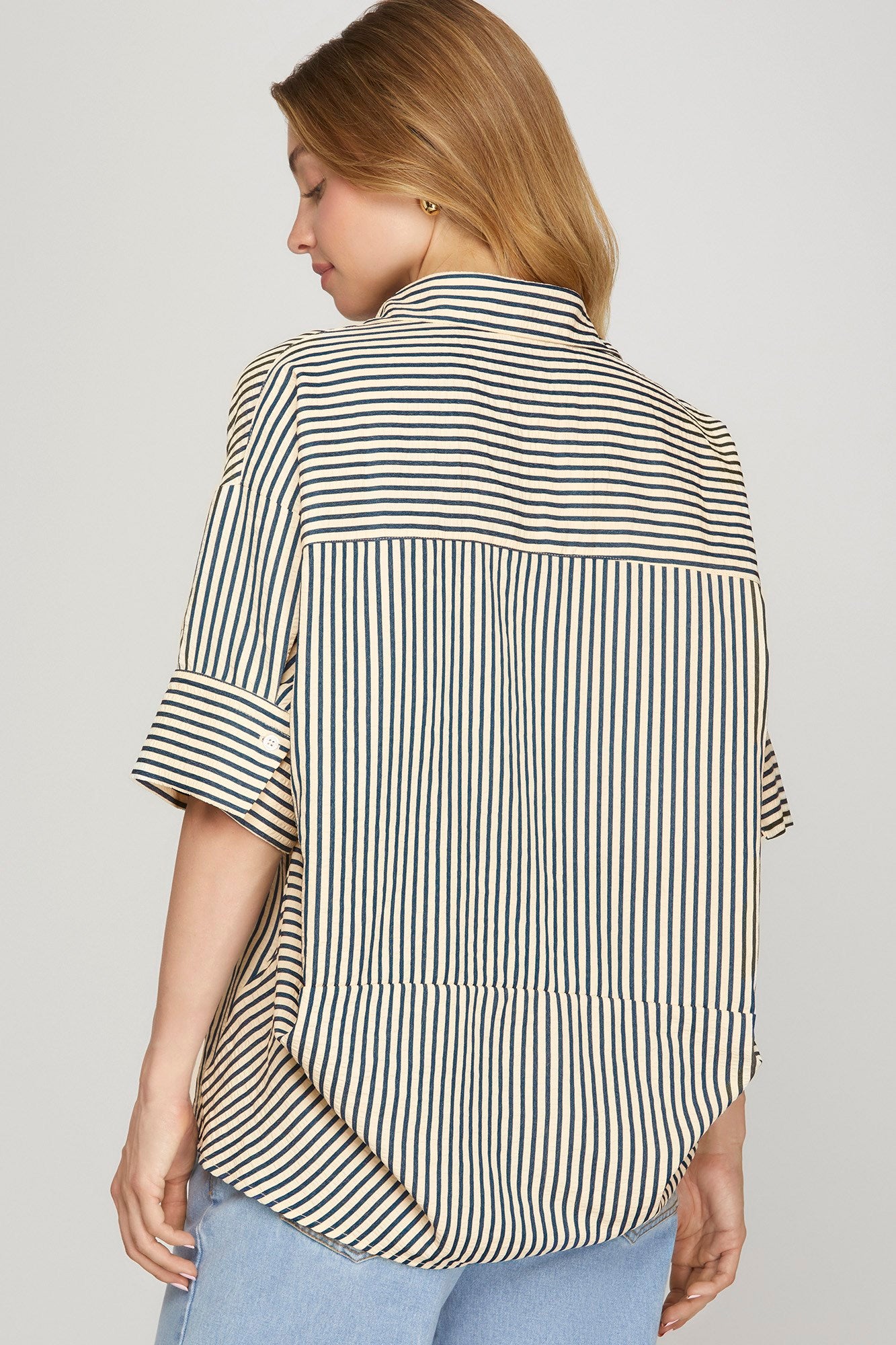 Navy Striped Short Sleeve Top