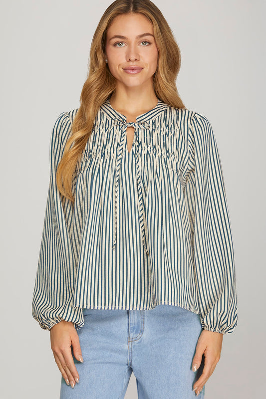 Teal Striped Pintucked Woven Top