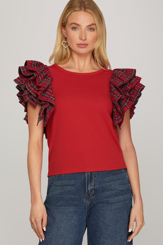 Plaid Ruffled Sleeve Knit Top