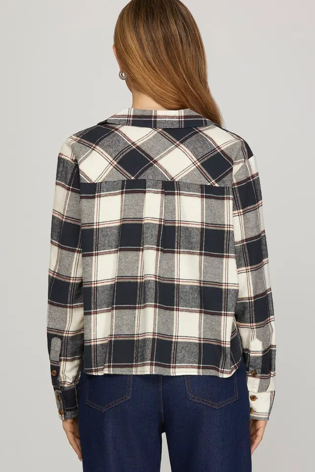 Navy Plaid Front Bow Button Up Top