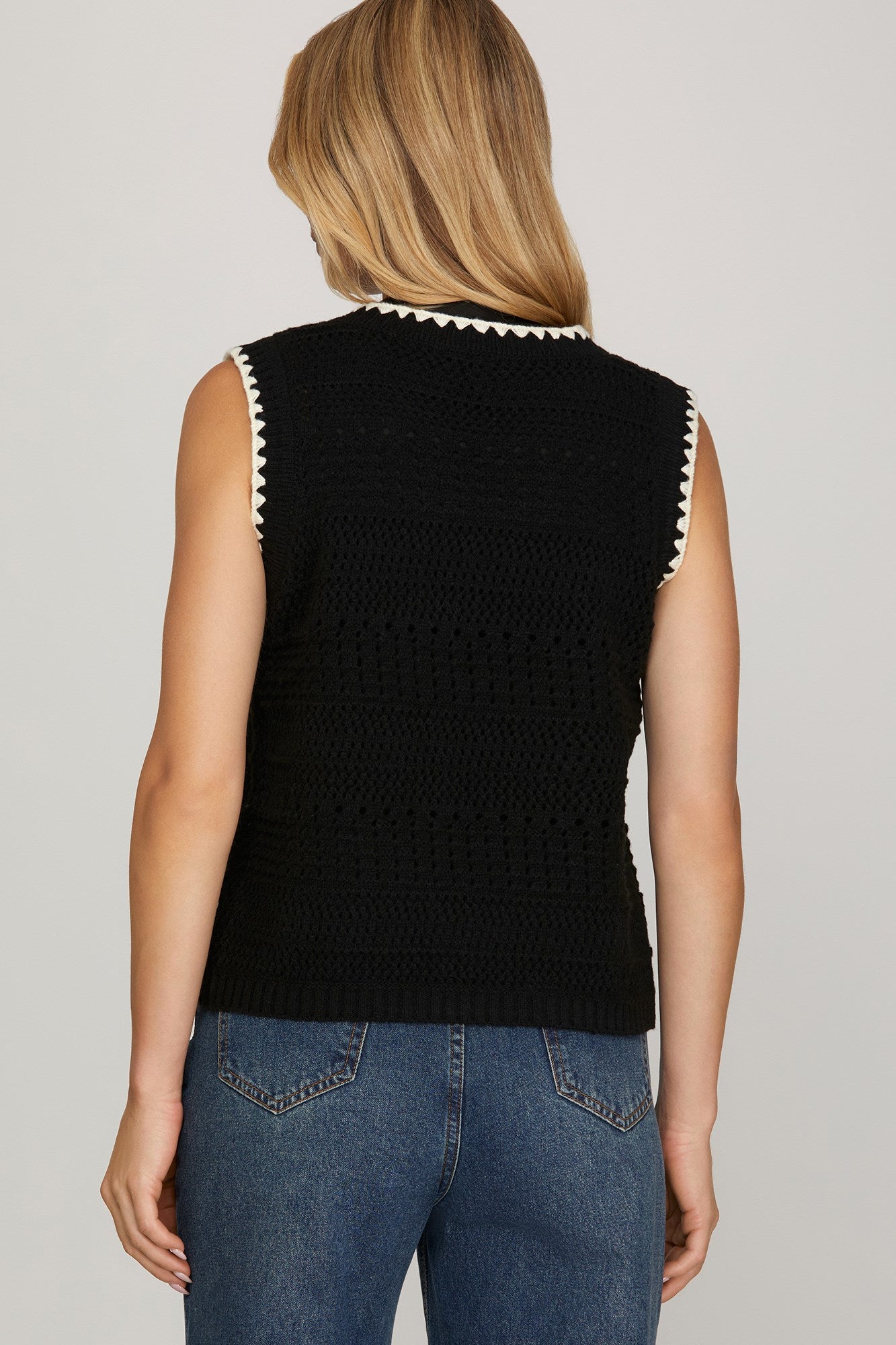 Black V-Neck Blanket Stitch Sweater Vest