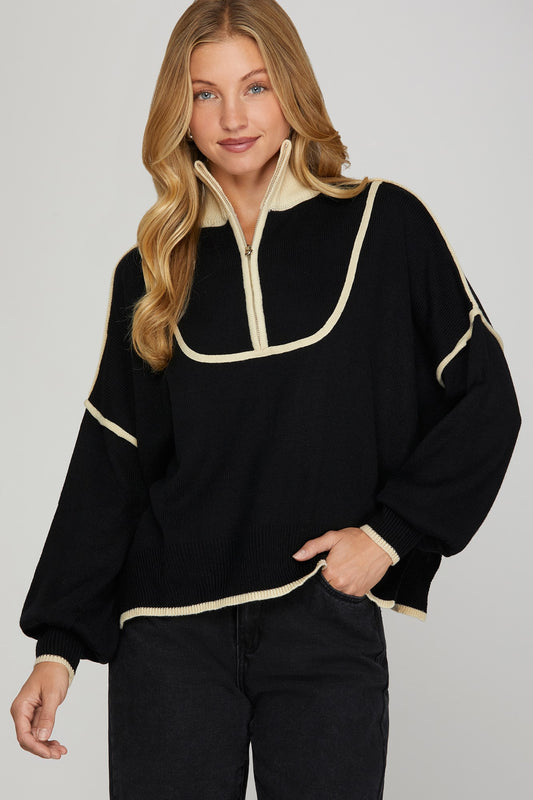 Black Half Zip Contrasting Detail Sweater