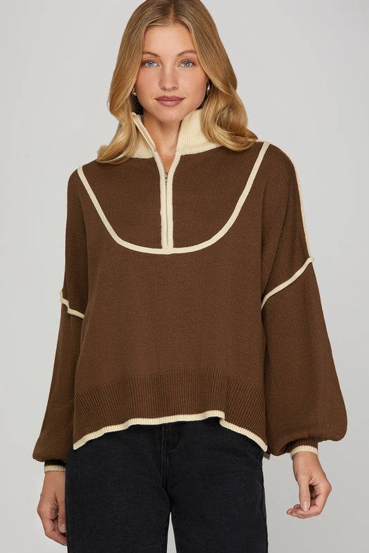 Brown Half Zip Contrasting Detail Sweater