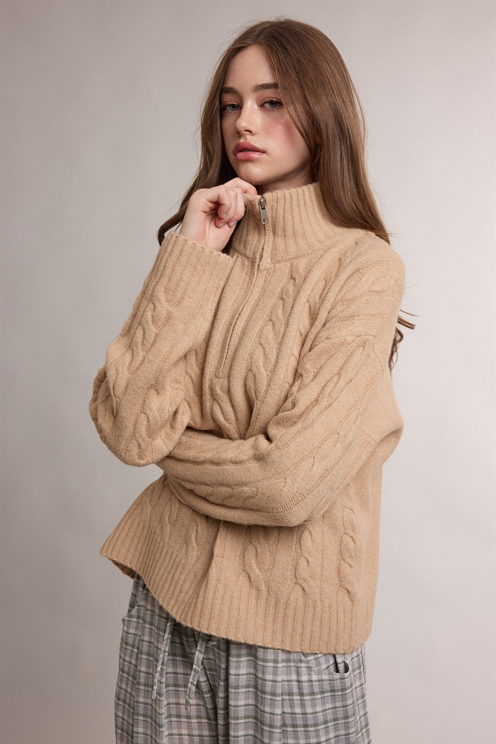 Cable Knit Quarter Zip Collar Sweater- Camel