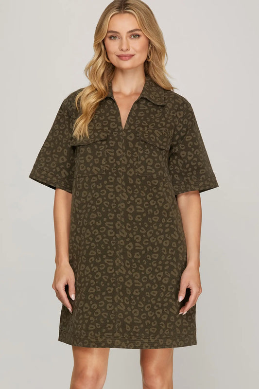 Olive Leopard Collard Mini Dress