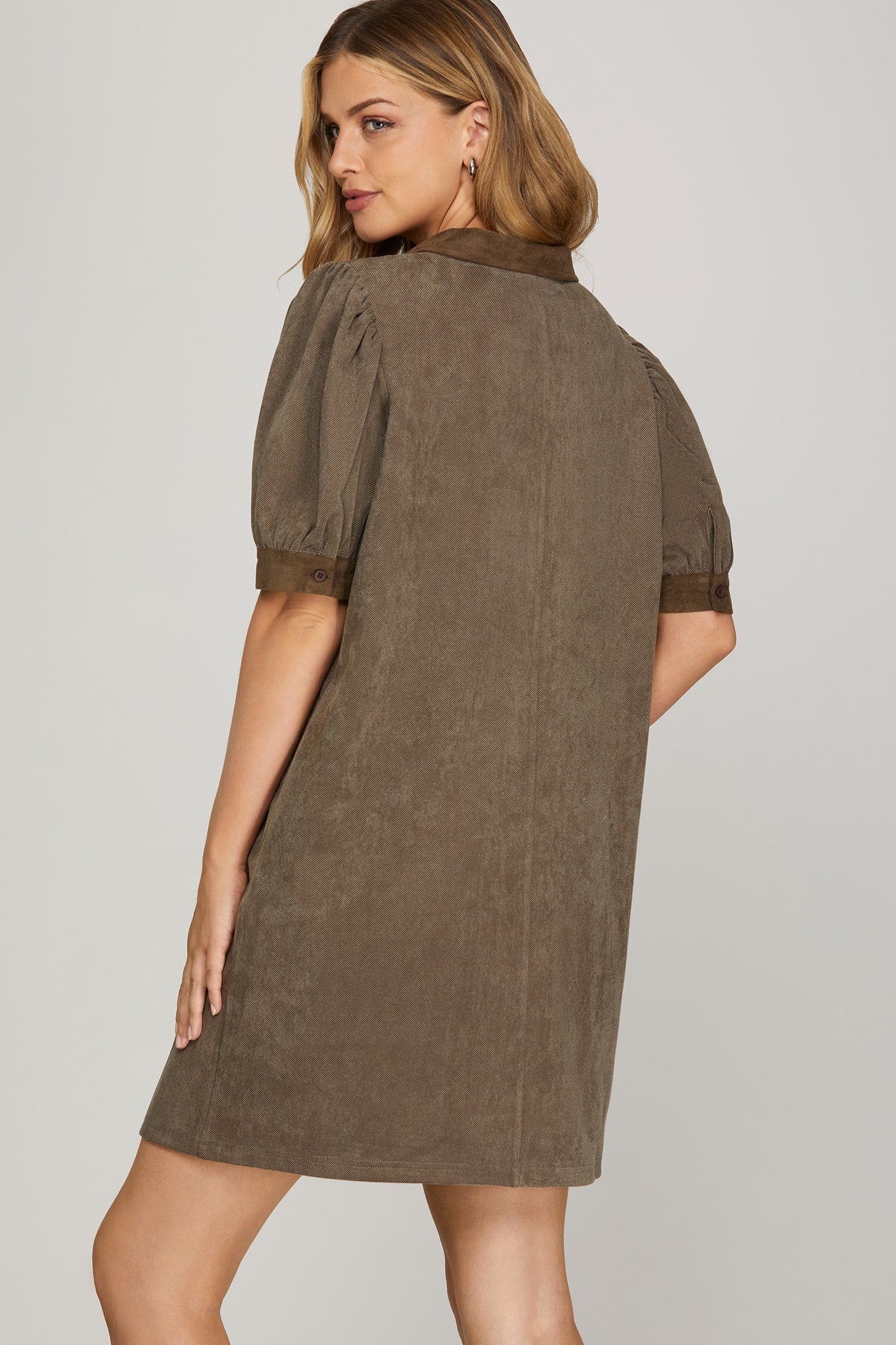 Mocha Puff Sleeve Twill Mini Dress