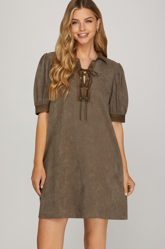Mocha Puff Sleeve Twill Mini Dress