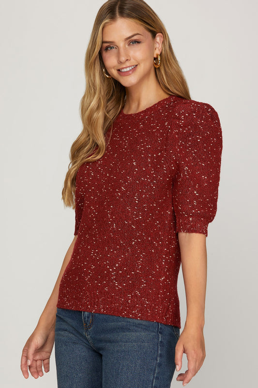 Short Sleeve Wine & Metallic Sweater