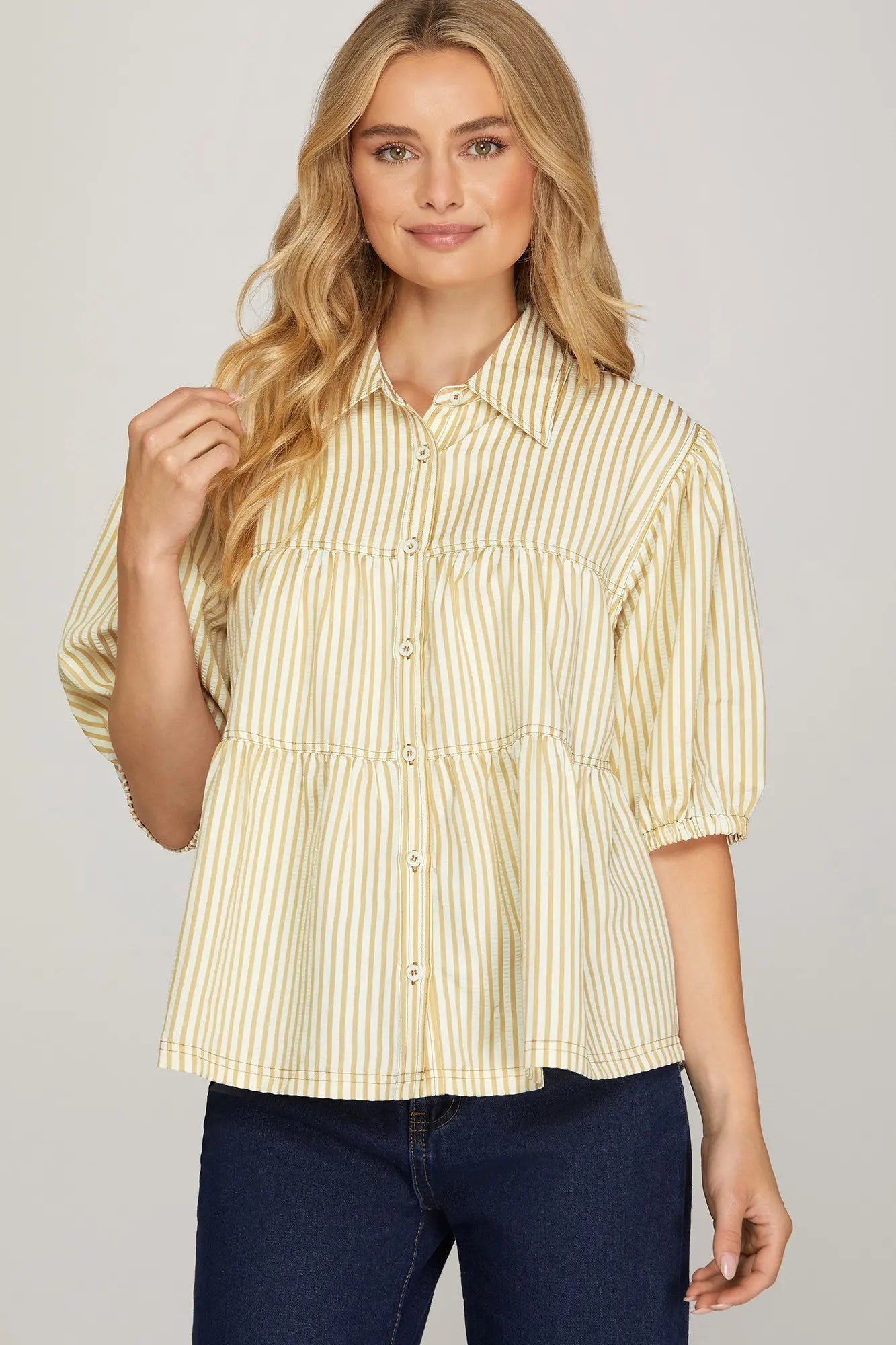 Taupe Striped Half Sleeve Button Down Top