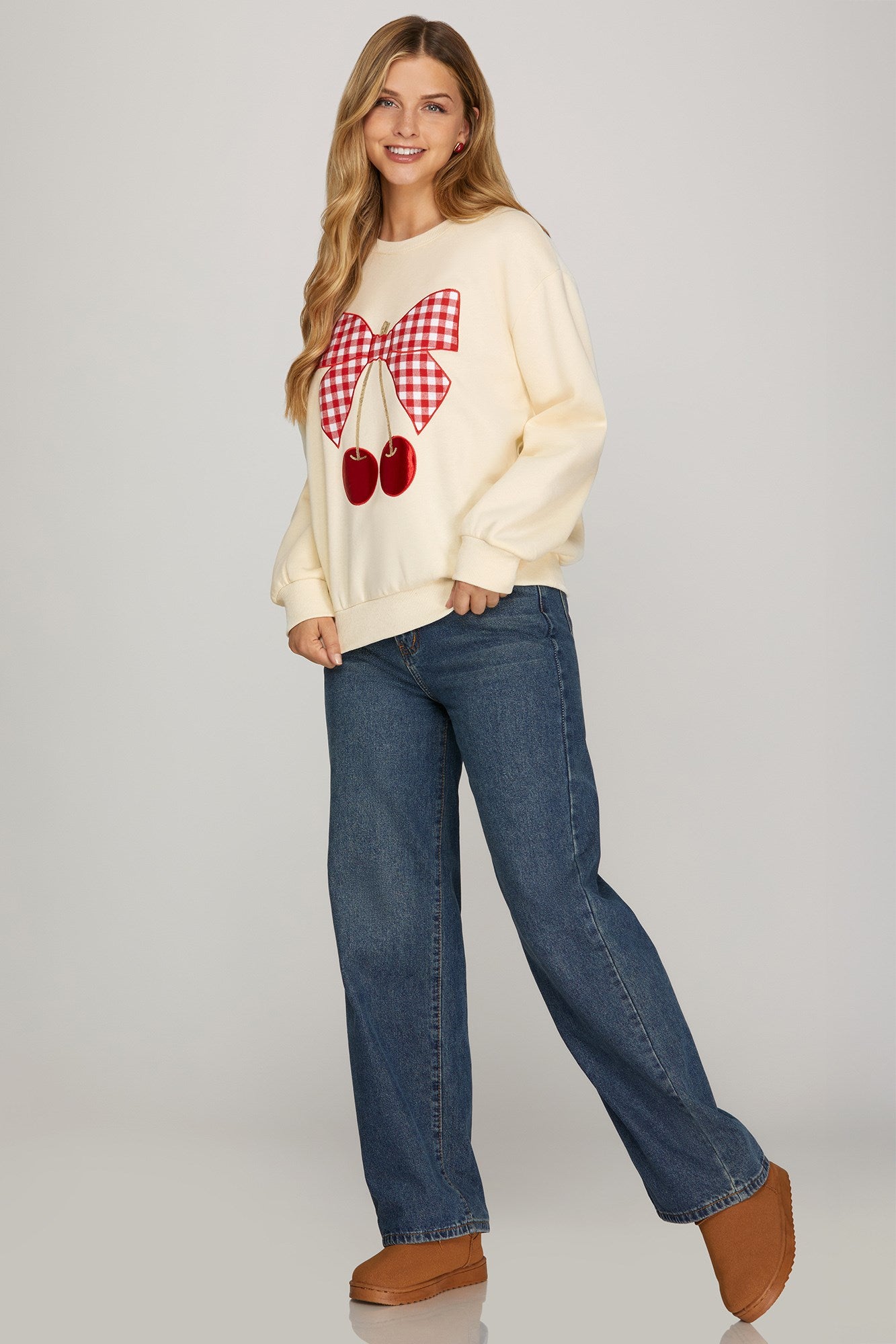 Gingham Bow Cherry Knit Top