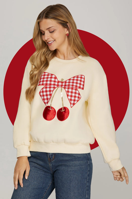 Gingham Bow Cherry Knit Top