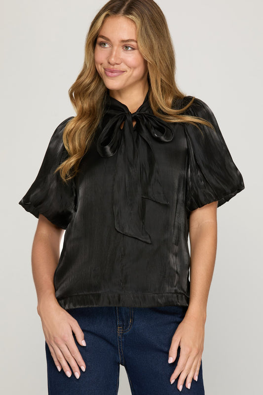Black Woven Puff Sleeve Top with Bow