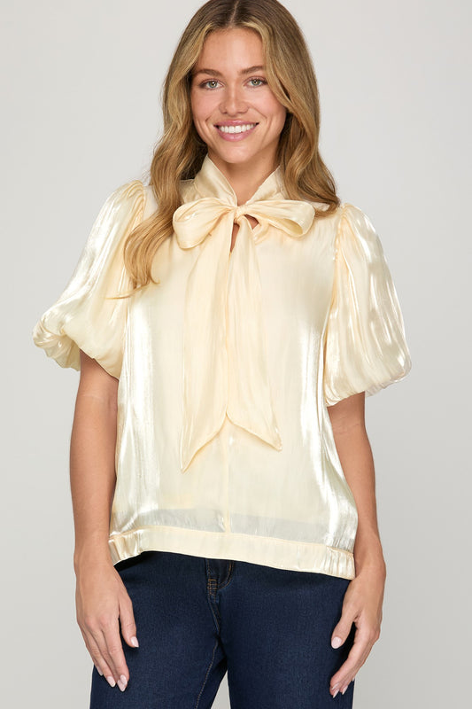 Cream Woven Puff Sleeve Top with Bow