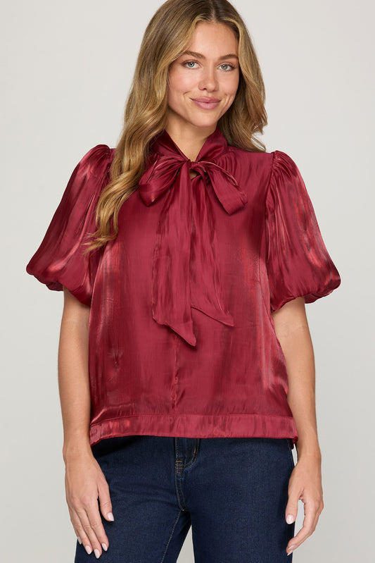 Red Woven Puff Sleeve Top with Bow