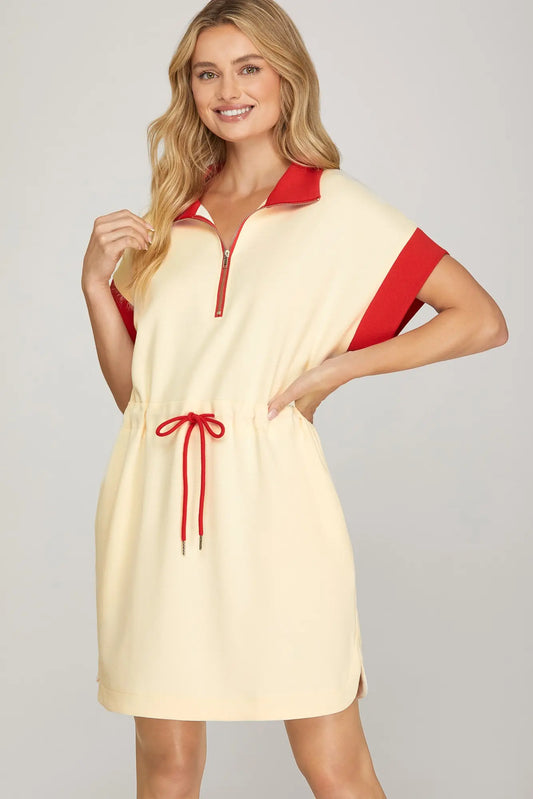 Red Color Block Drawstring Mini Dress