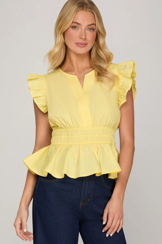 Pastel Yellow Ruffle Sleeve Elastic Waist Top