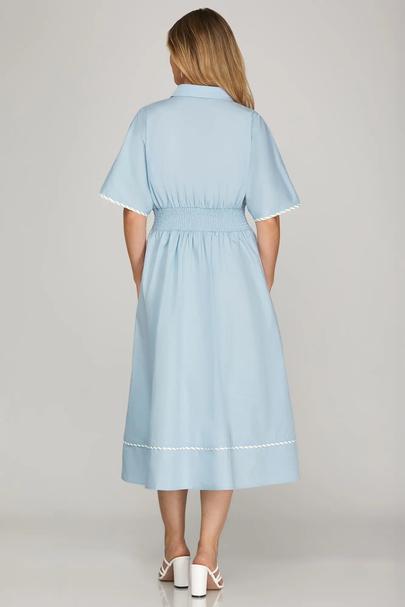 Light Blue Contrast Piping Midi Dress