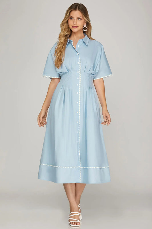 Light Blue Contrast Piping Midi Dress