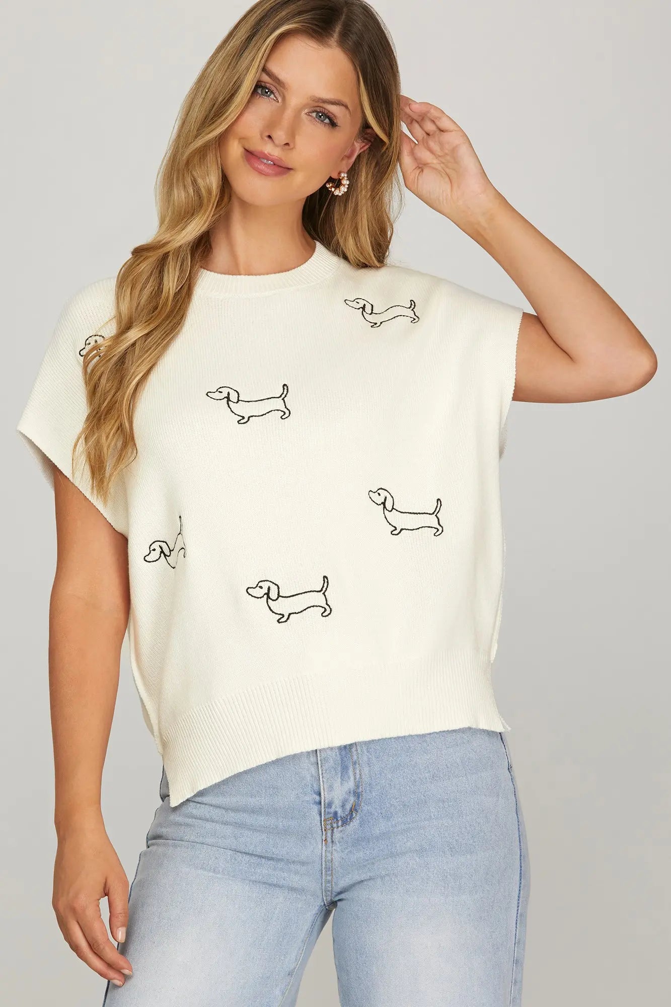 Cream Dog Embroidered Sleeveless Sweater