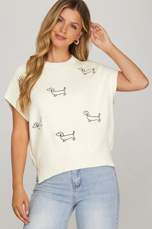 Cream Dog Embroidered Sleeveless Sweater