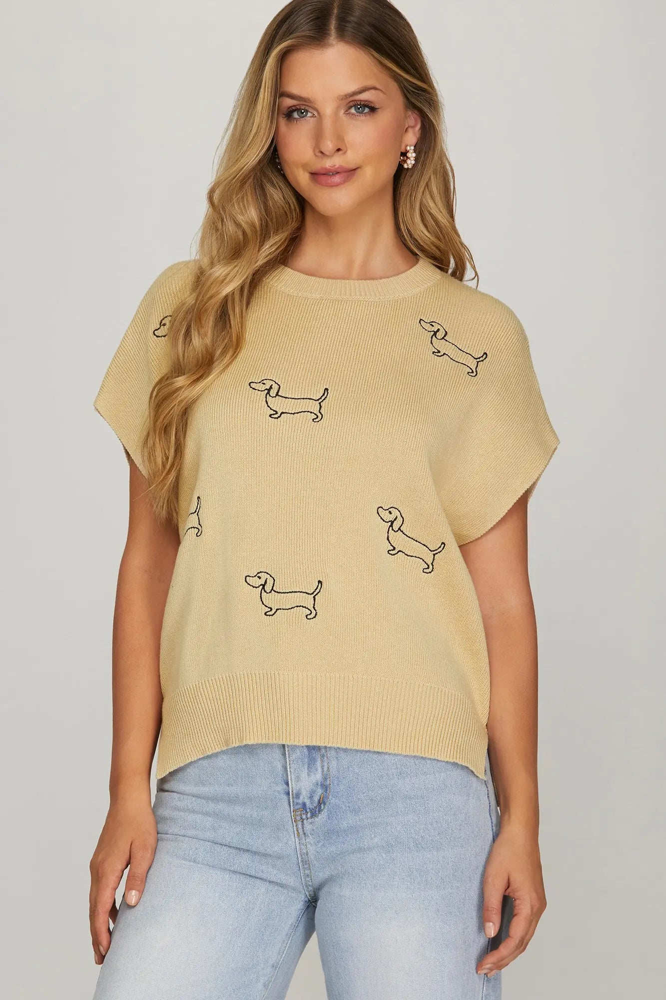 Taupe Dog Embroidered Sleeveless Sweater