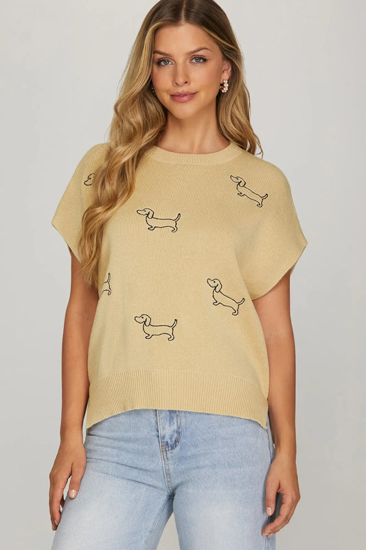 Taupe Dog Embroidered Sleeveless Sweater