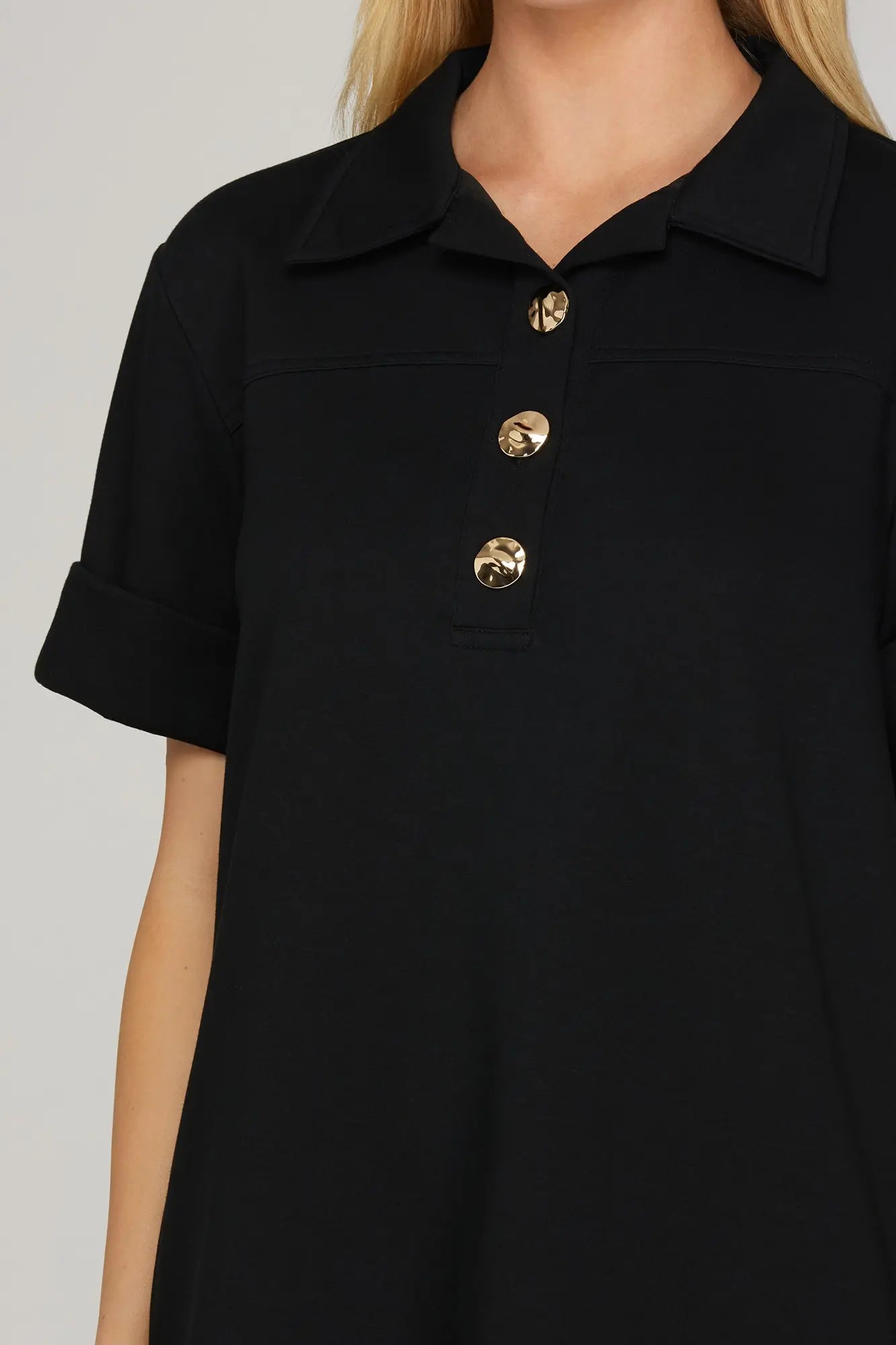 Black Knit Mini Dress with Gold Buttons