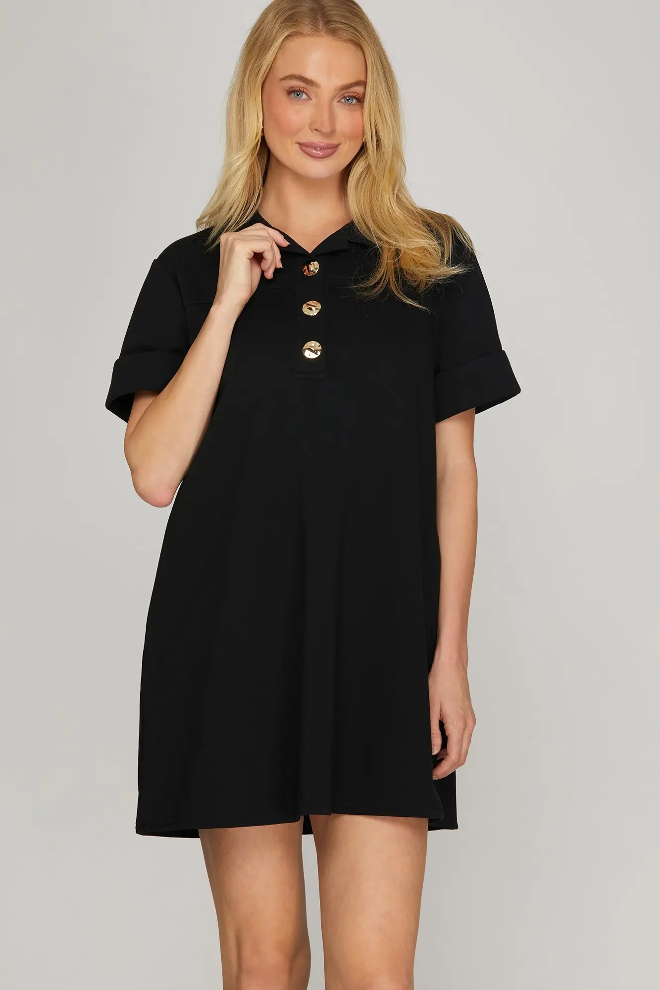 Black Knit Mini Dress with Gold Buttons
