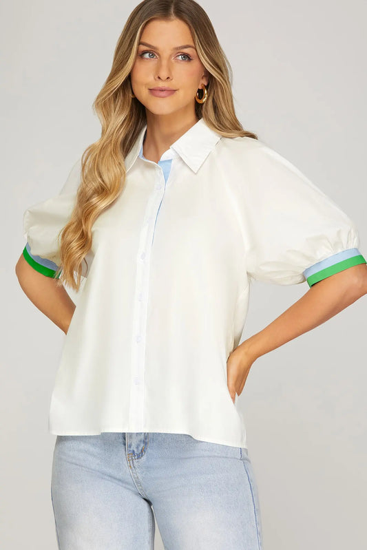 Half Puff Sleeve Button Up Top