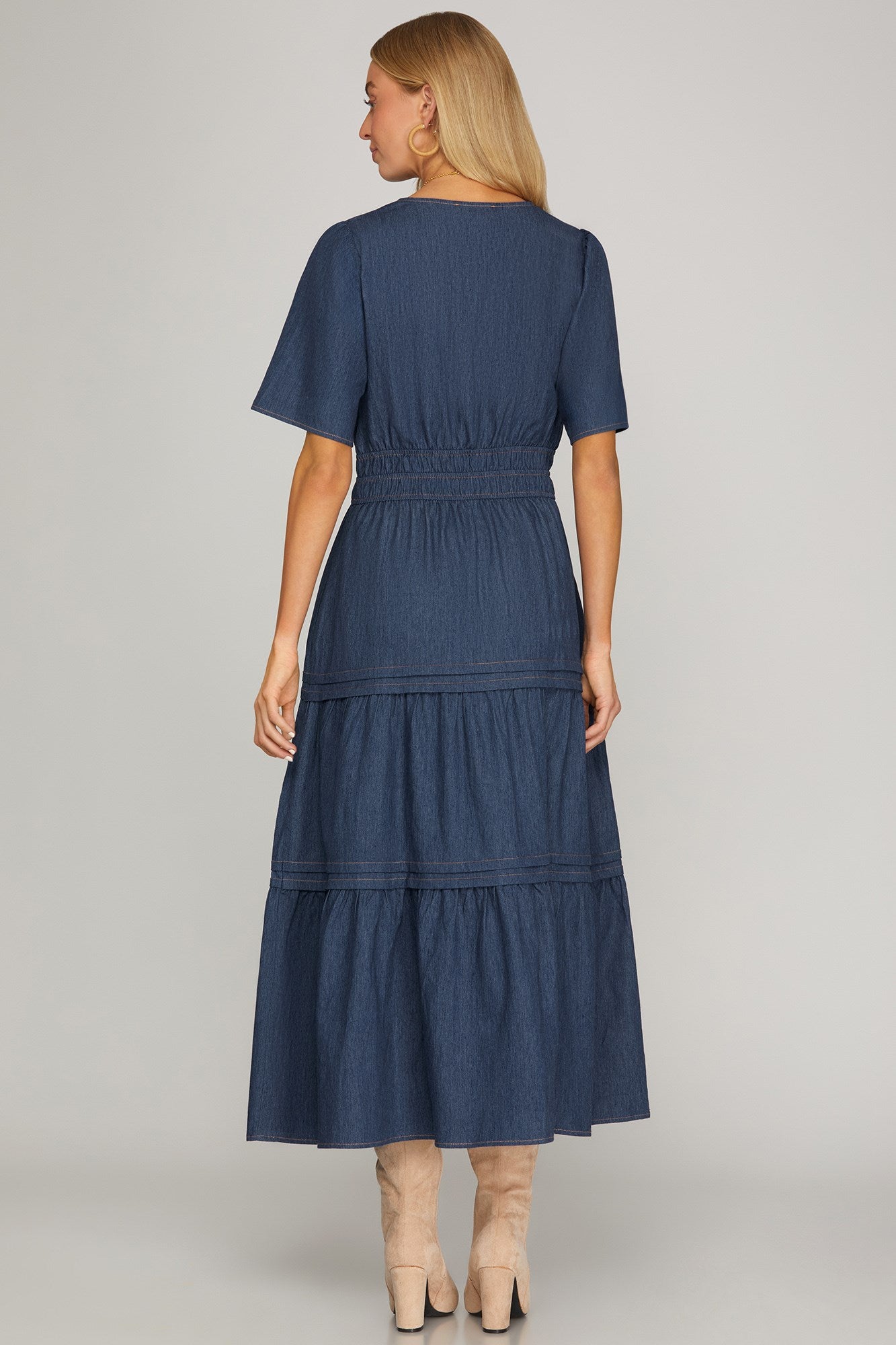 Denim V-Neck Tiered Midi Dress