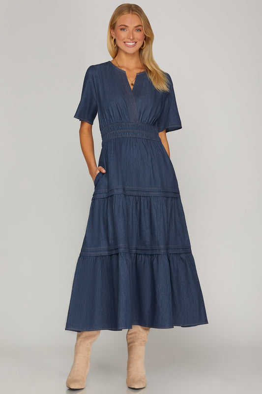 Denim V-Neck Tiered Midi Dress