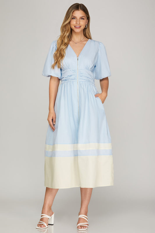 Light Blue Bubble Sleeve Color Block Dress