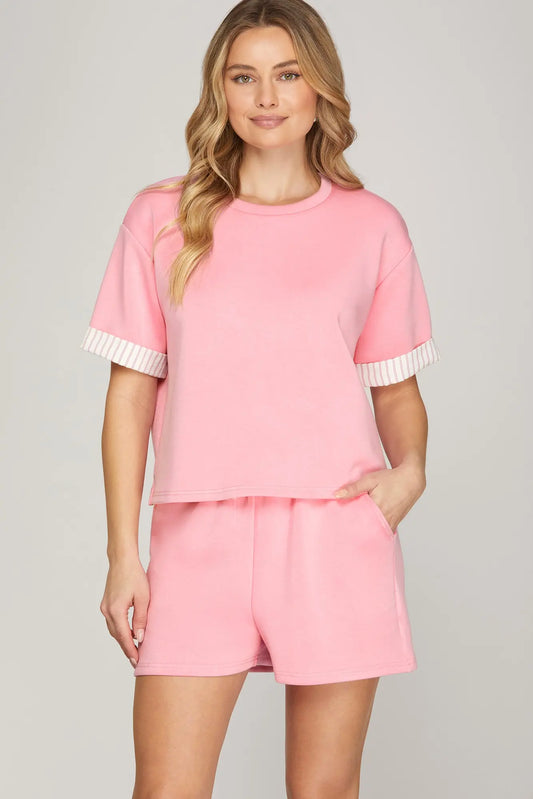 Pink Contrast Sleeve Top & Short Set
