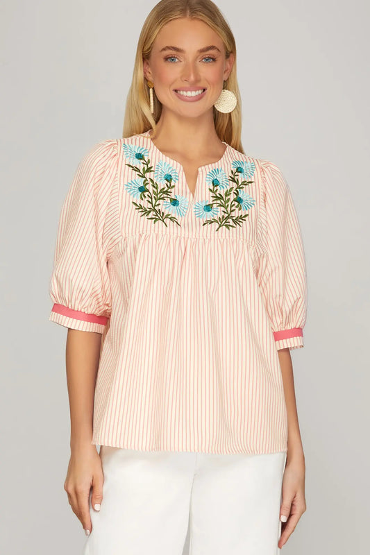 Pink Striped Floral Embroidered Top