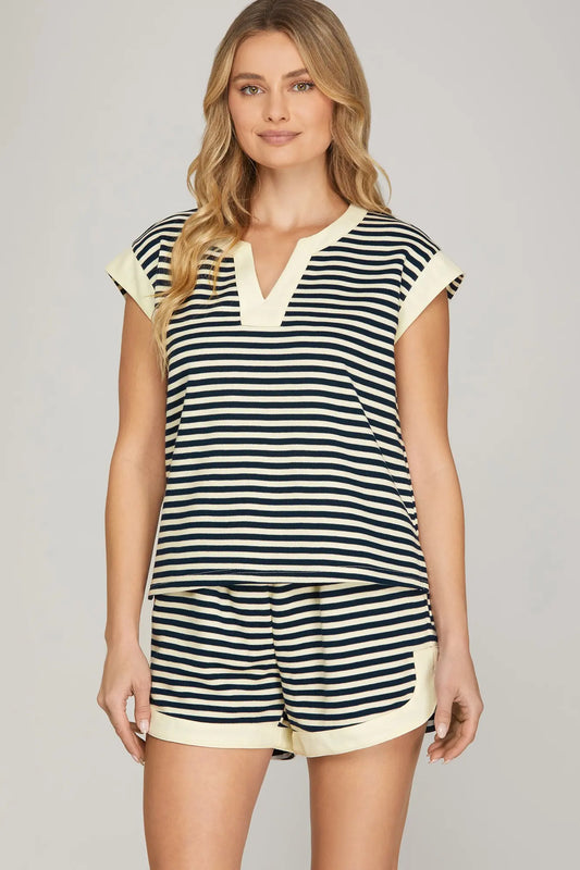 Navy Striped Drop Shoulder Top & Shorts Set