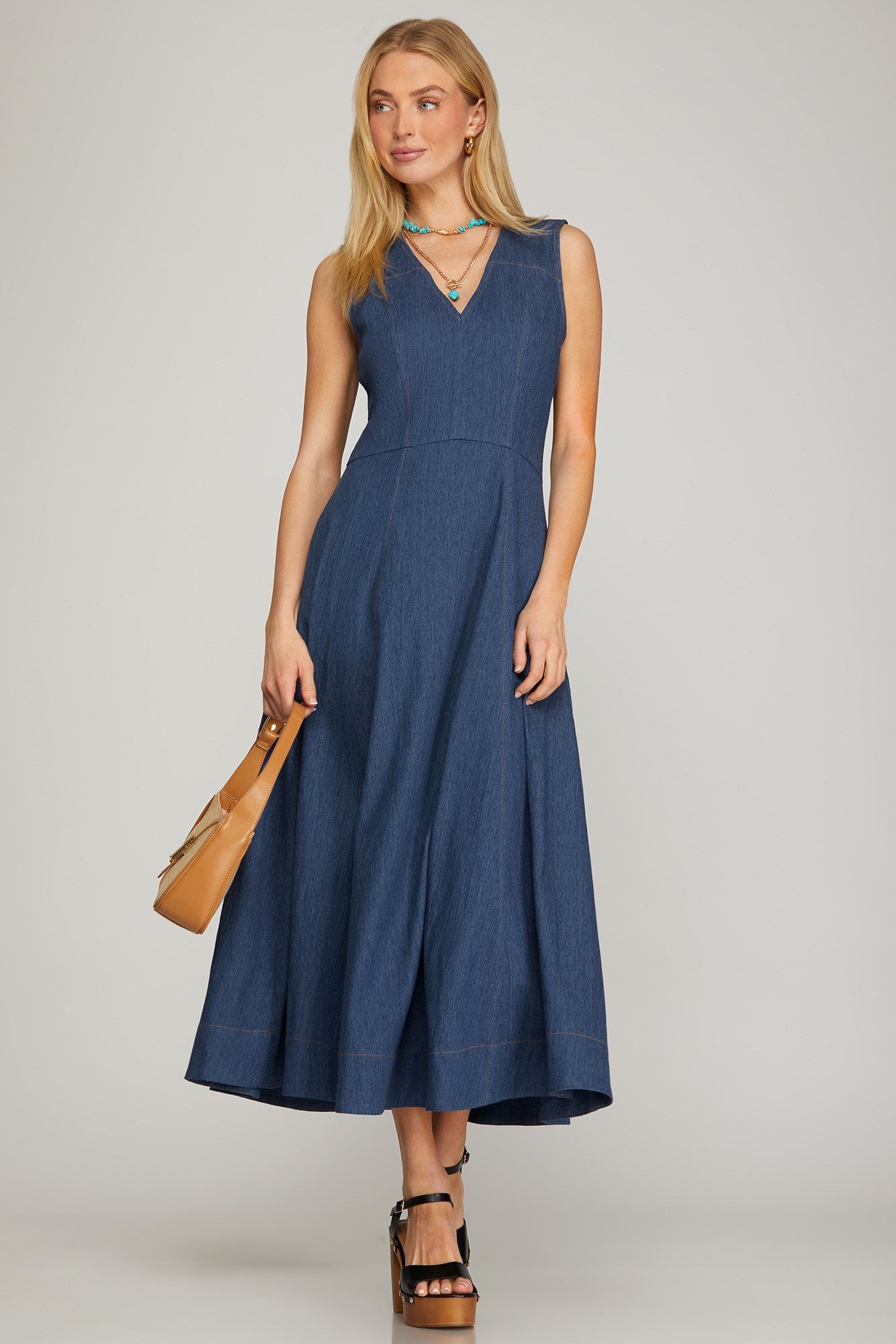 Sleeveless Denim V-Neck Midi Dress