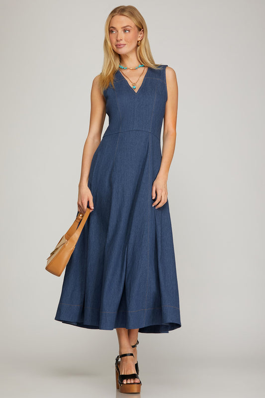 Sleeveless Denim V-Neck Midi Dress