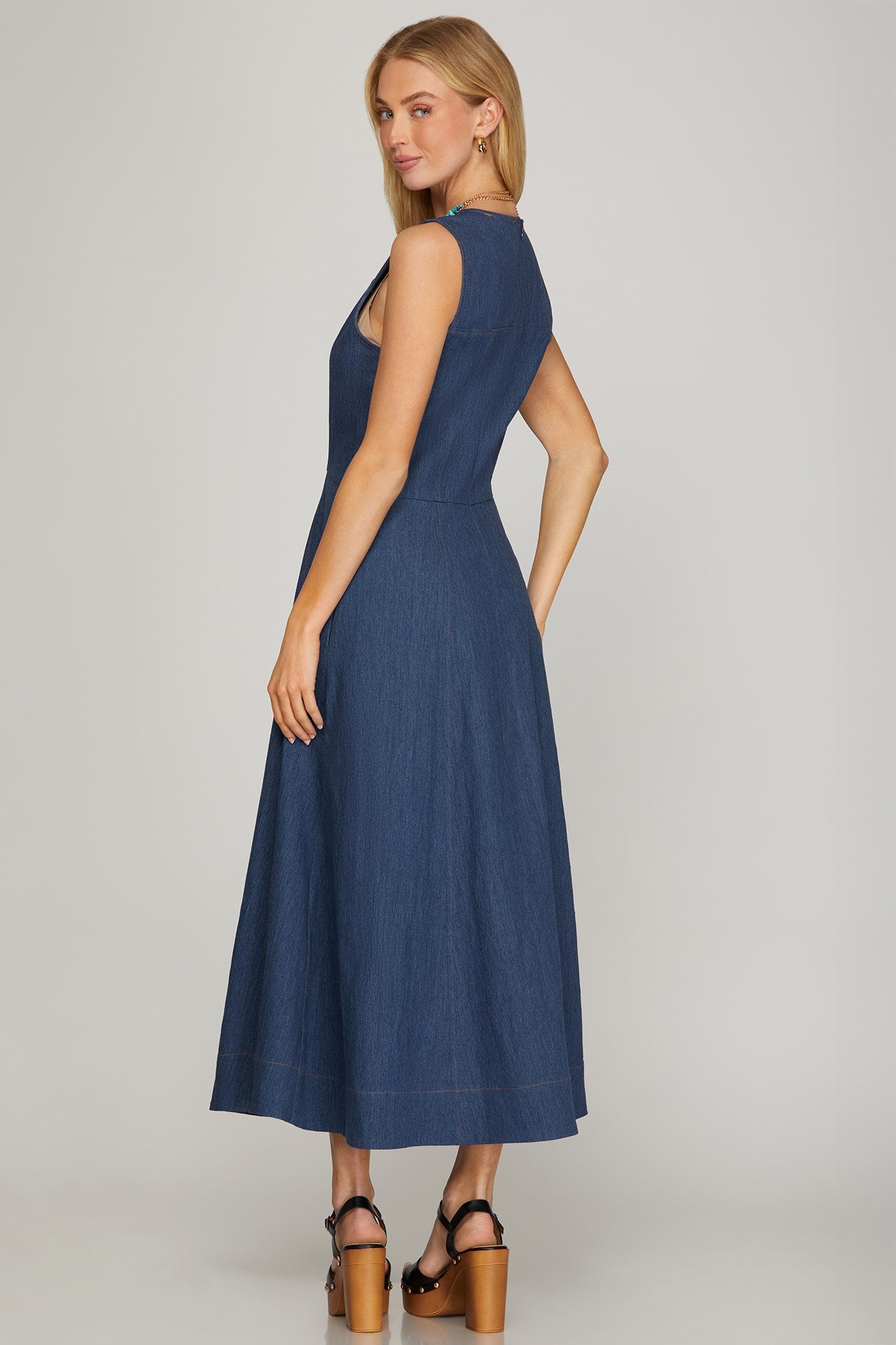 Sleeveless Denim V-Neck Midi Dress
