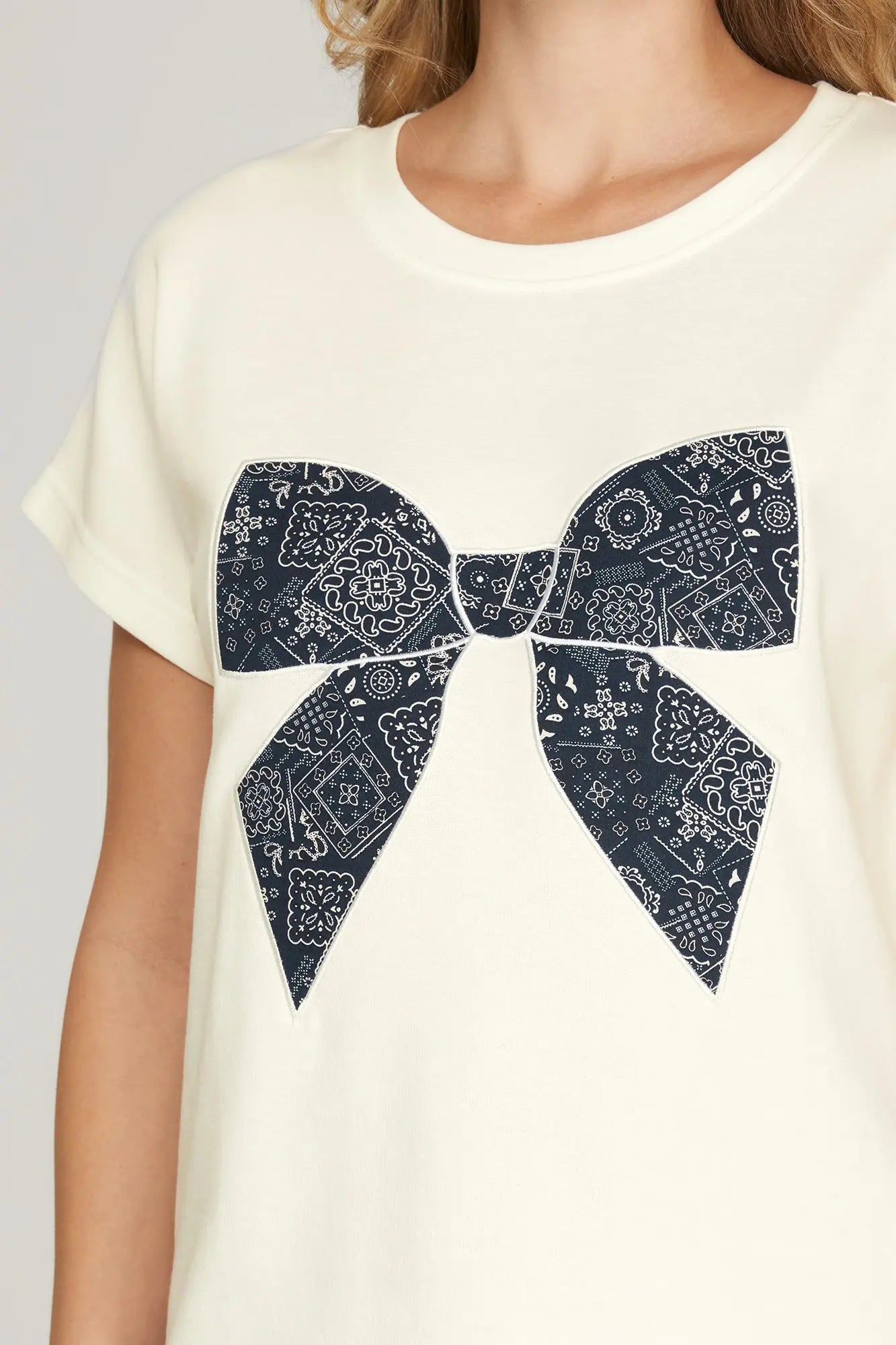Off White Knit Top with Bandana Print Bow