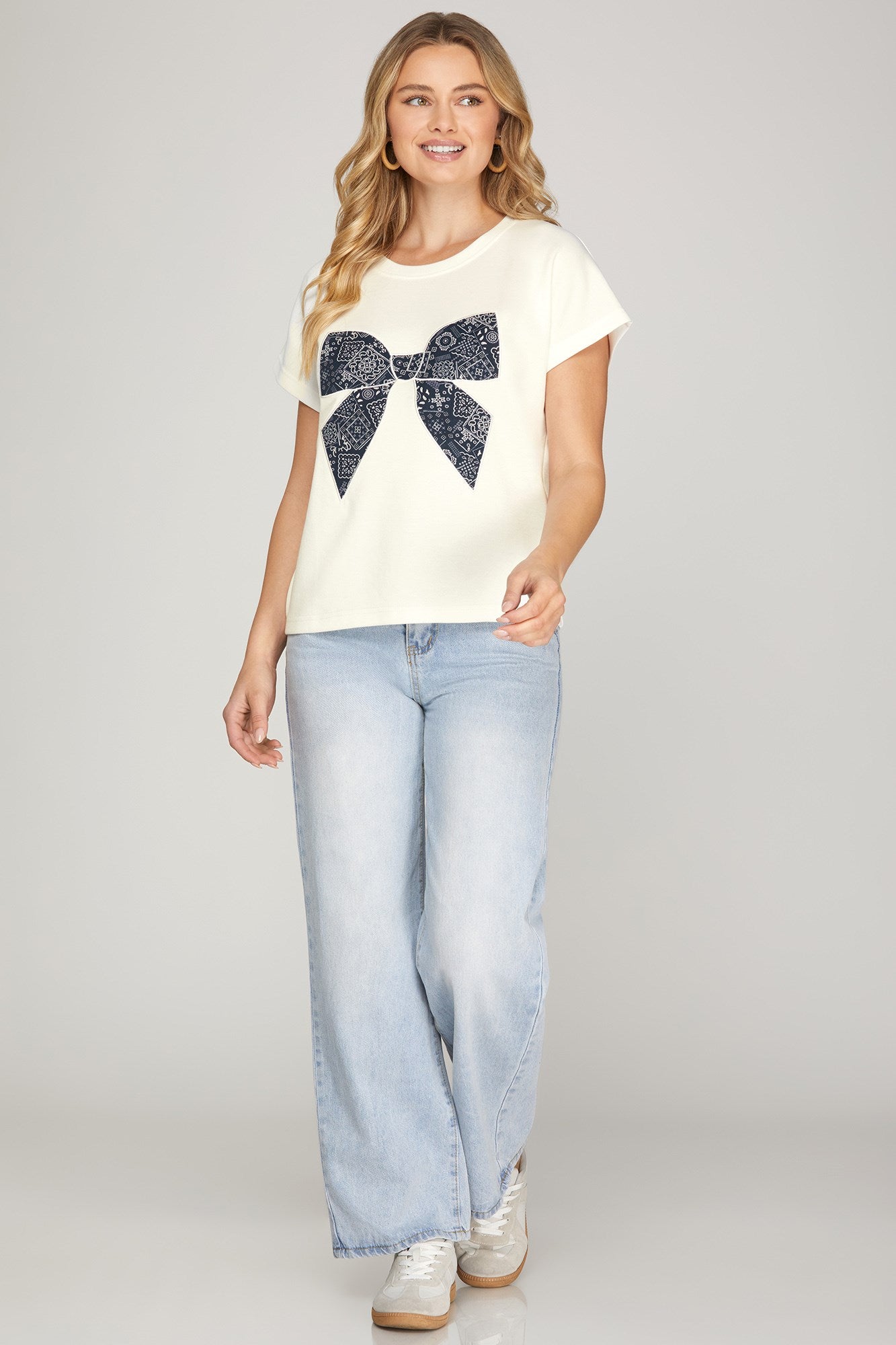 Off White Knit Top with Bandana Print Bow