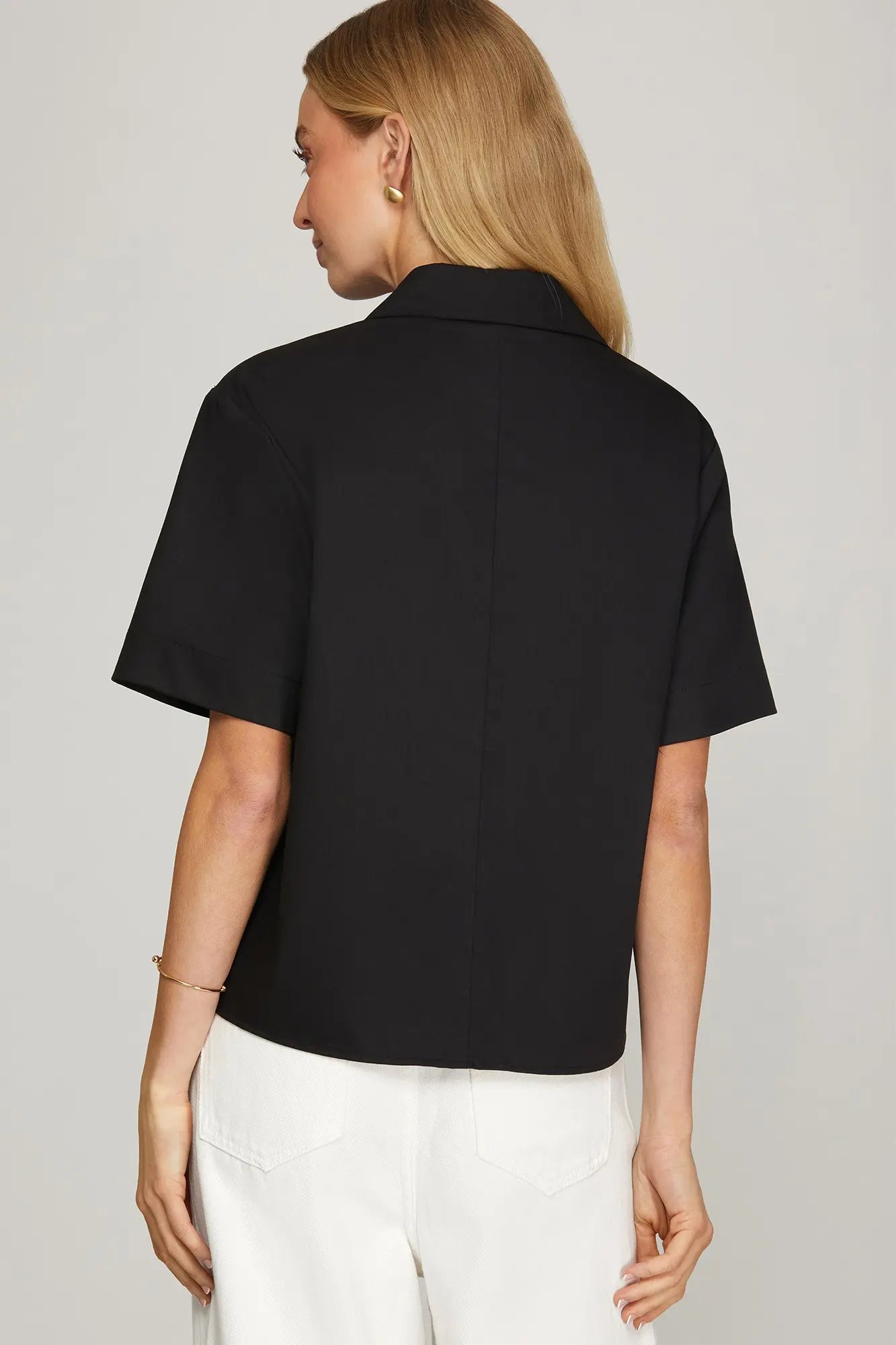 Black Simple Short Sleeve Button Down Top