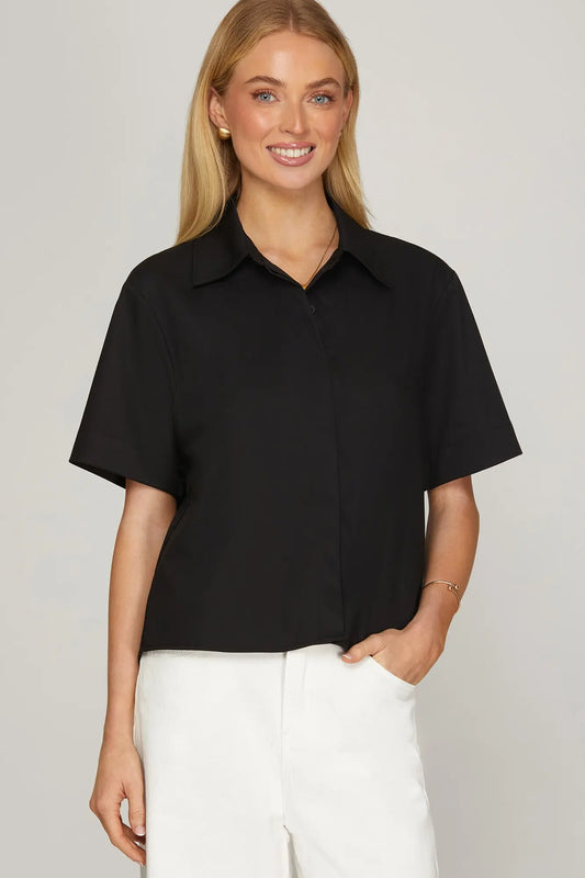 Black Simple Short Sleeve Button Down Top