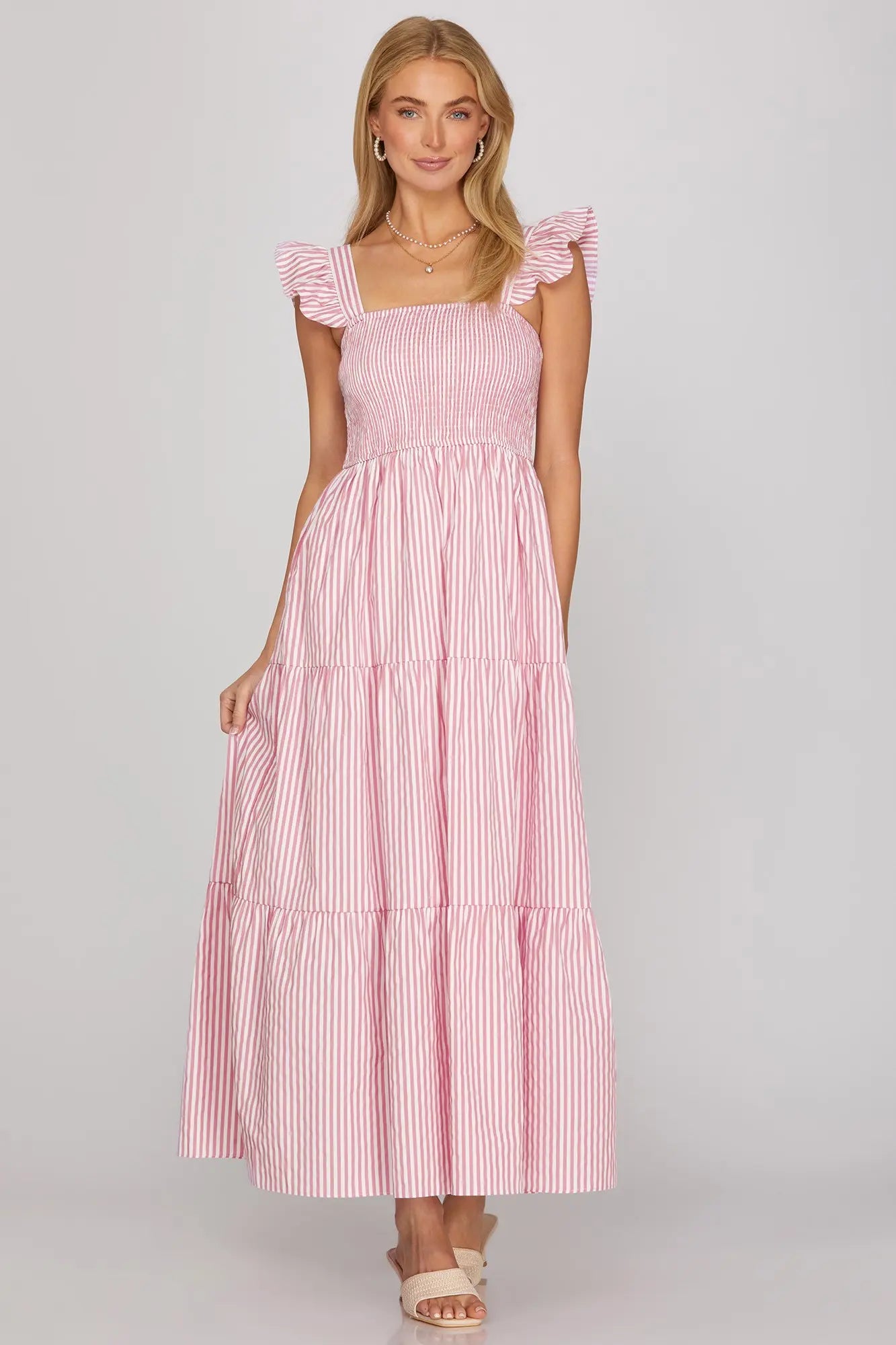 Pink Striped Ruffled Sleeve Tiered Maxi Dress