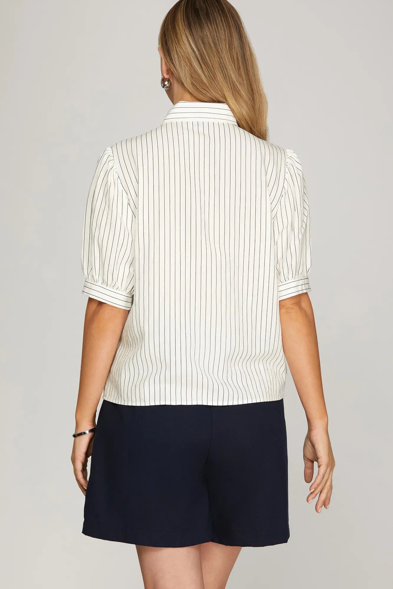 Off White Striped Front Bow Button Down Top