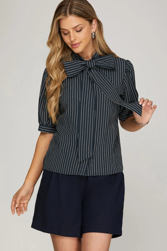 Navy Striped Front Bow Button Down Top