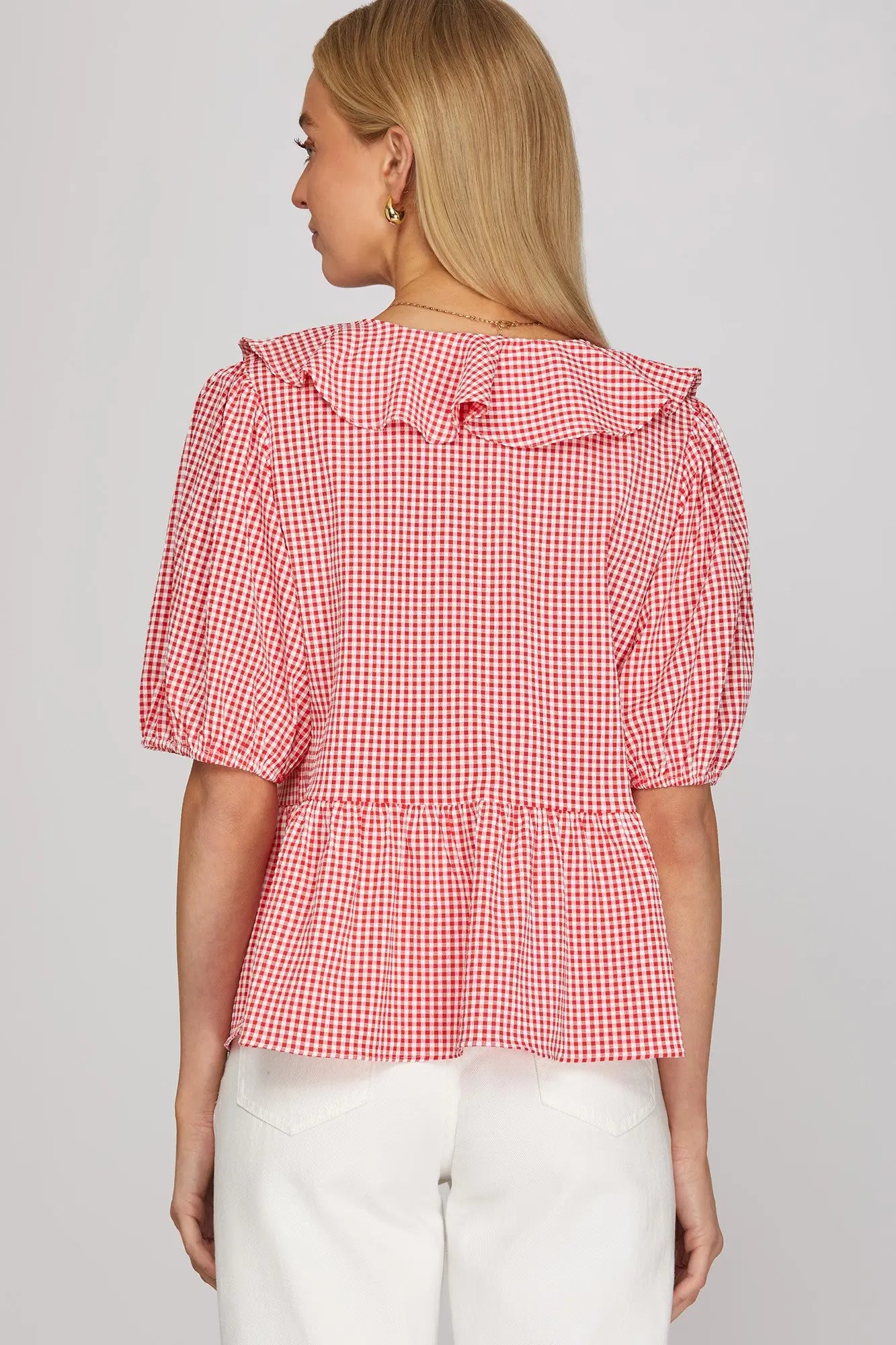 Half Sleeve Red Gingham Ruffled Top