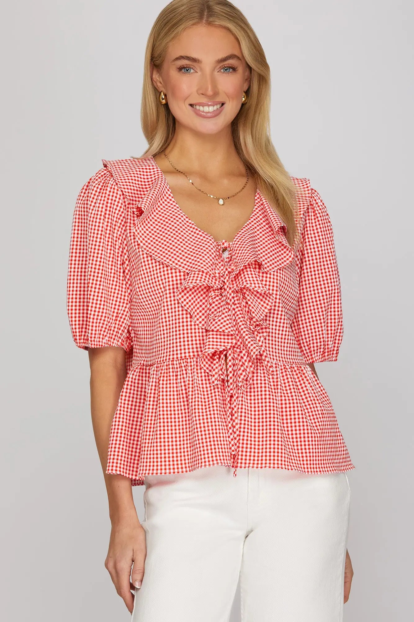 Half Sleeve Red Gingham Ruffled Top