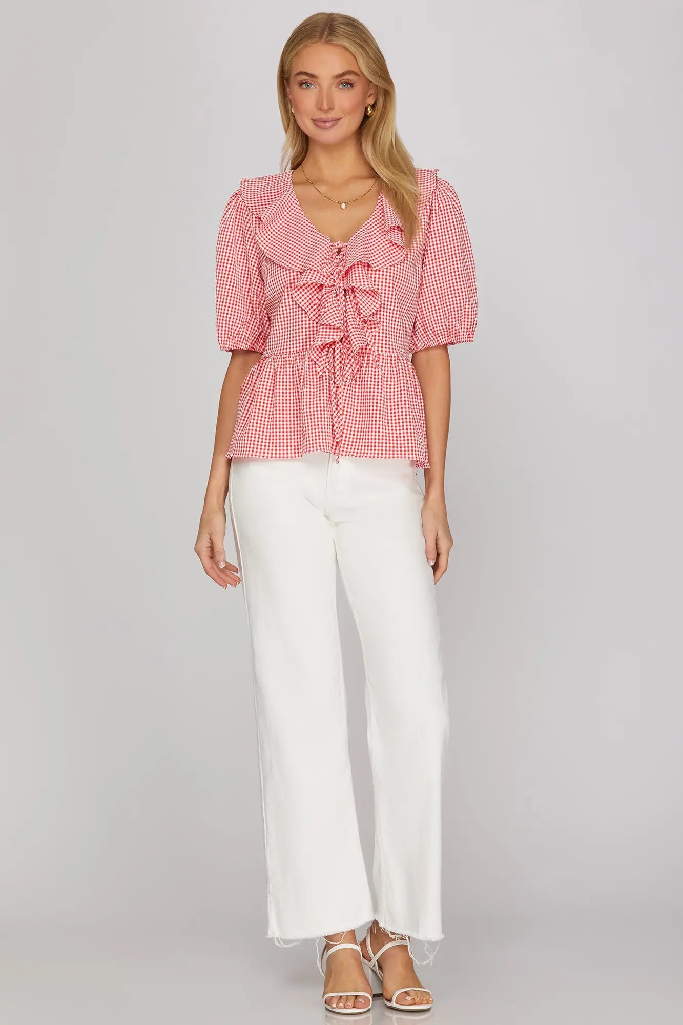 Half Sleeve Red Gingham Ruffled Top